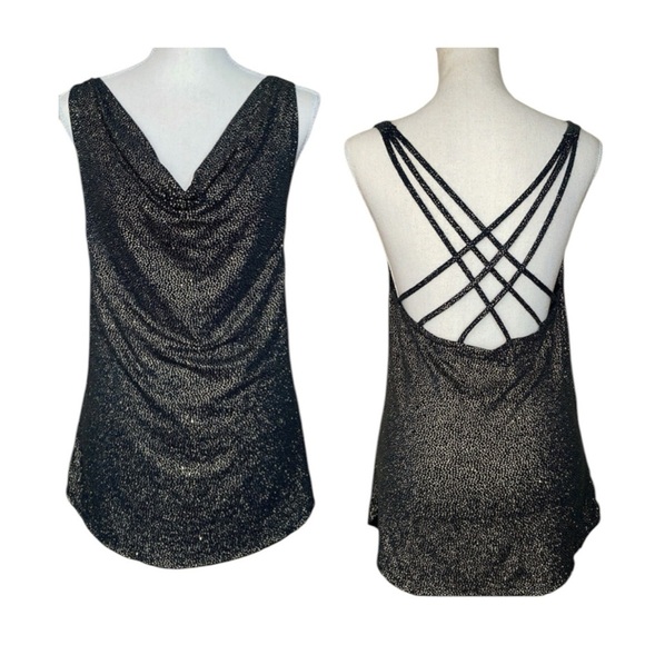 Chaser Tops - Chaser Glitter Jersey Draped Cowl Neck Halter Top Strappy Teal Green & Gold Sz M